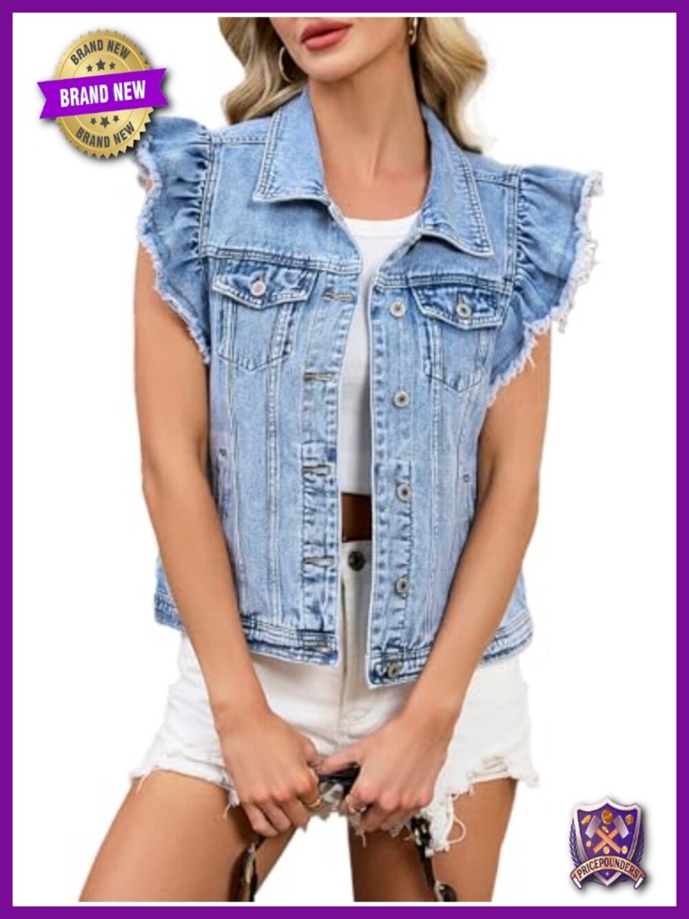 Cropped Denim Vest Ruffle Sleeve Frayed Hem Button Down Summer Jean Waistcoat